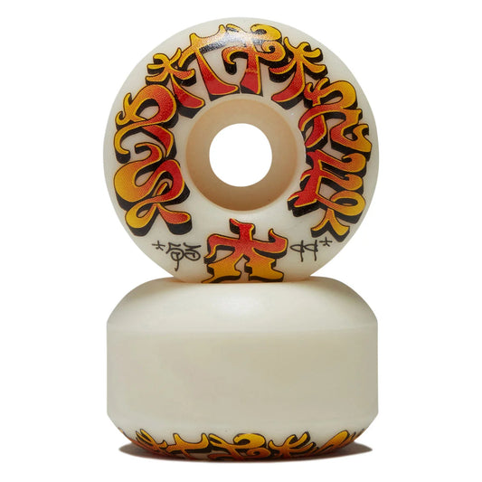 An off-white skateboard wheel stacked on its matching bottom, featuring a bold graphic design with red and yellow flame-like calligraphy and black outlines on a white background.
