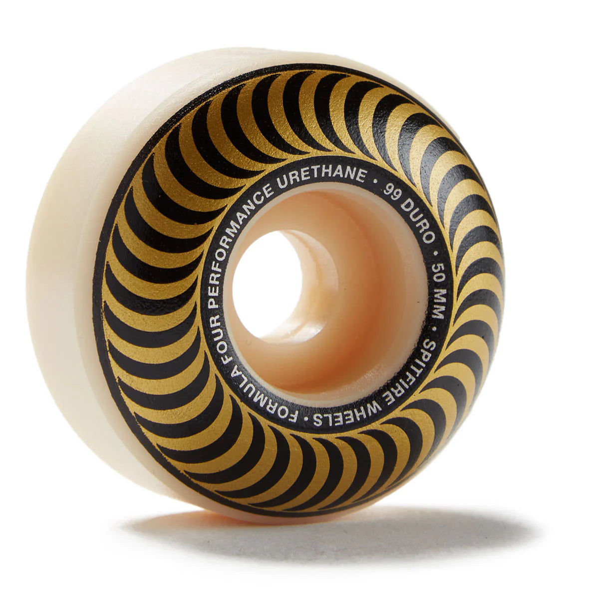 A single skateboard wheel with a cream-colored urethane body and a black and gold striped inner ring, shown on a white background with a soft shadow.