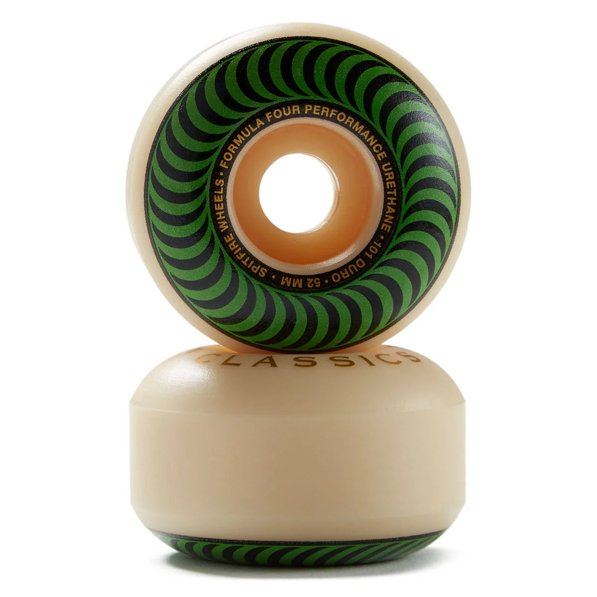 A pair of classic skateboard wheels stacked vertically on a white background. The wheels feature a cream-colored urethane outer casing with green and black spiral patterns on the inner side, and the name 'CLASSICS' embossed on the cream casing.