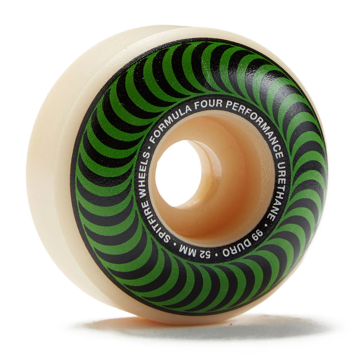 A single skateboard wheel with a translucent cream-colored urethane outer casing, a tan center core, and a black and green spiral patterned inner ring with white text reading 'FORMULA FOUR PERFORMANCE URETHANE 99 DURO 52 MM SPITFIRE WHEELS'.