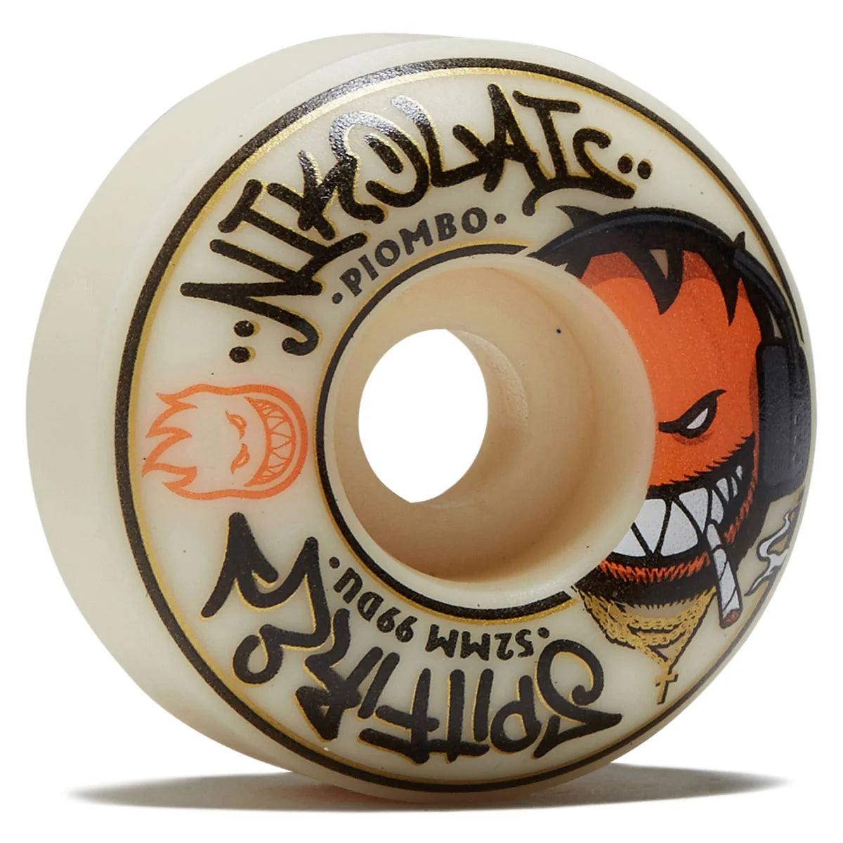 Skateboard wheel with visible branding and graphics on a white background