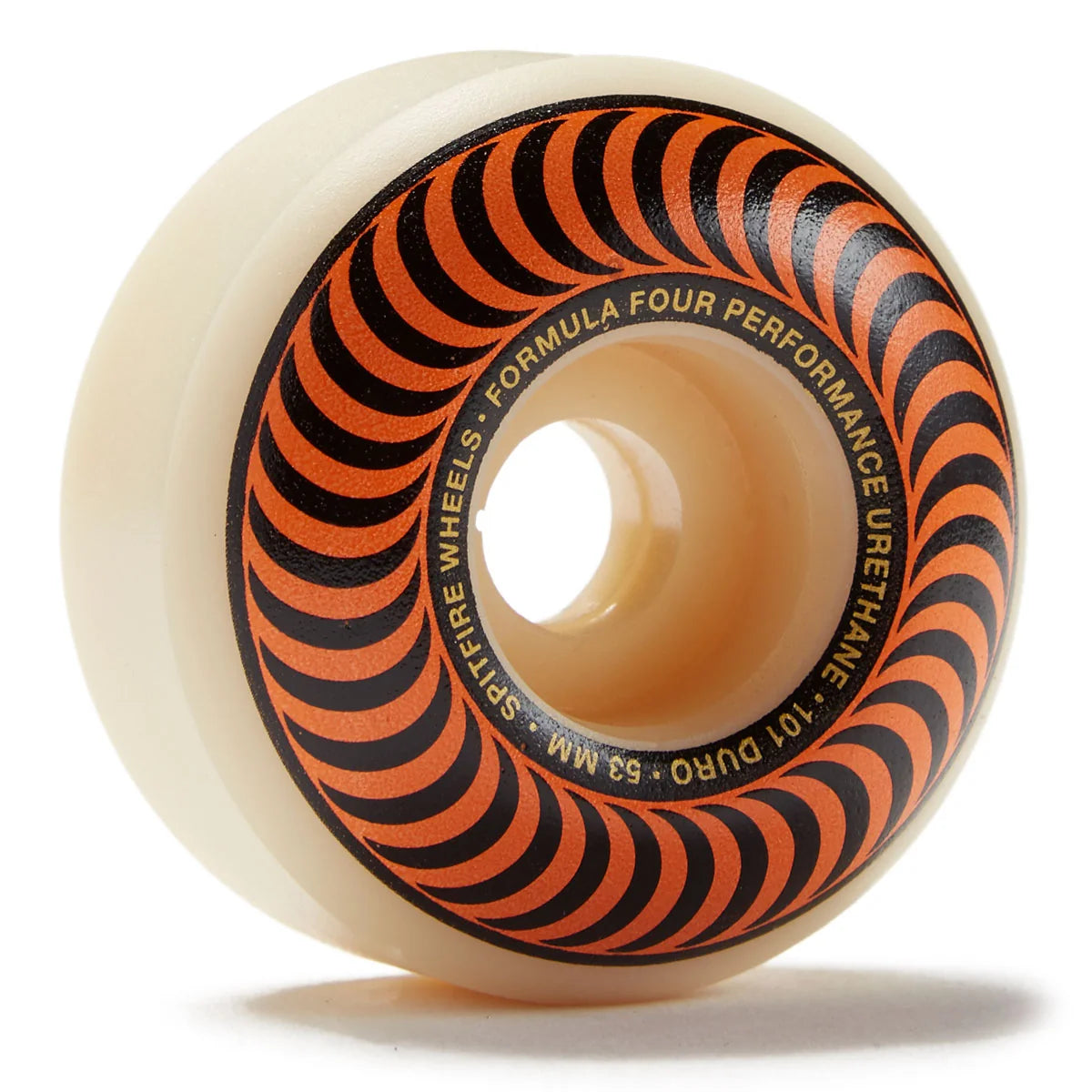 Skateboard wheel with orange and black pattern on a white background
