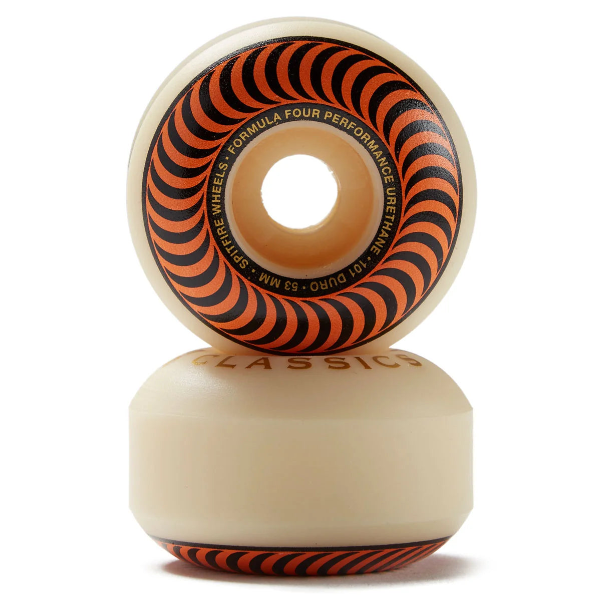 Two skateboard wheels stacked vertically on a white background, featuring a cream-colored urethane body with a black and orange spiral pattern on the inner barrel.