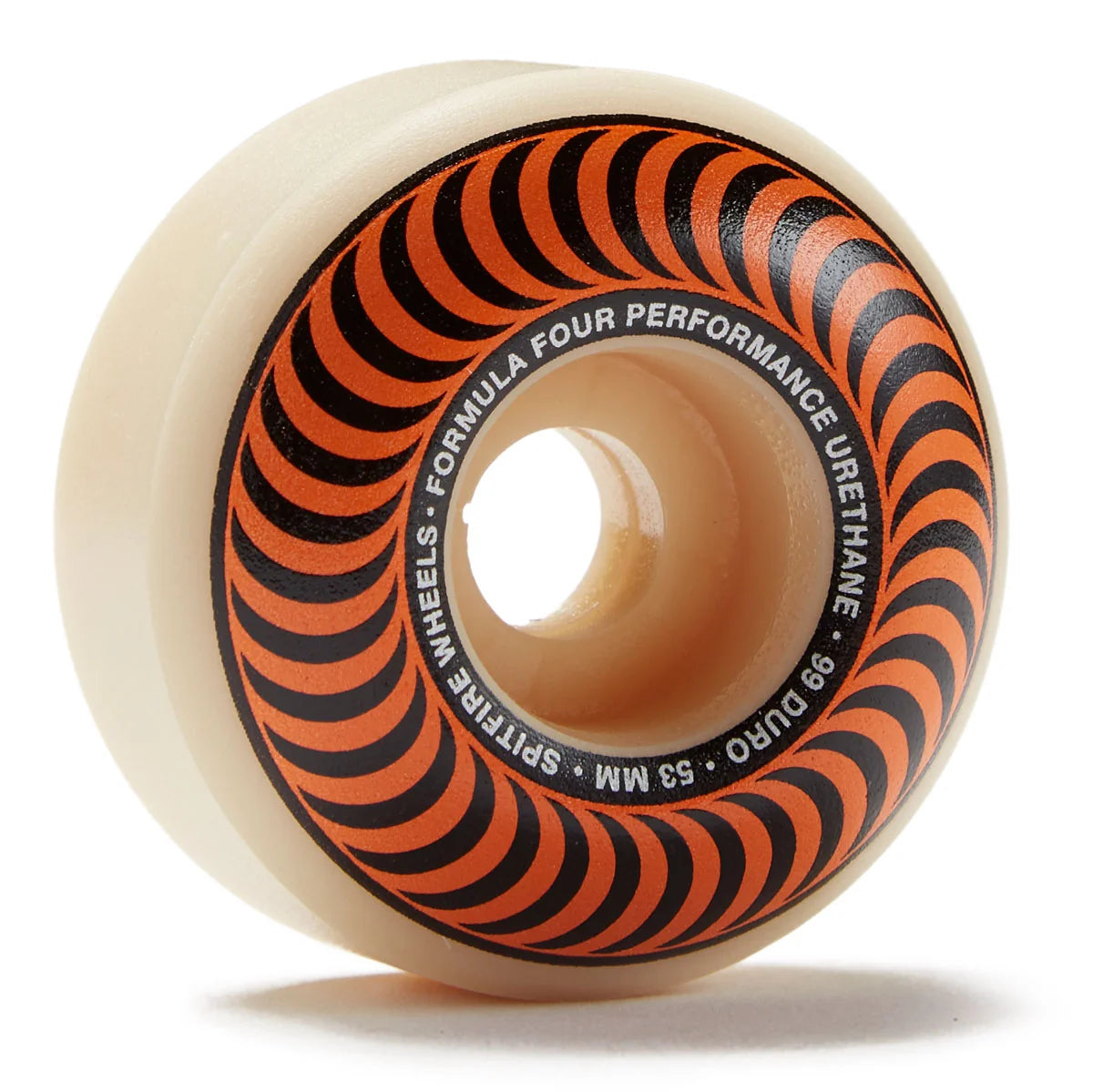 Skateboard wheel with orange and black pattern on a white background