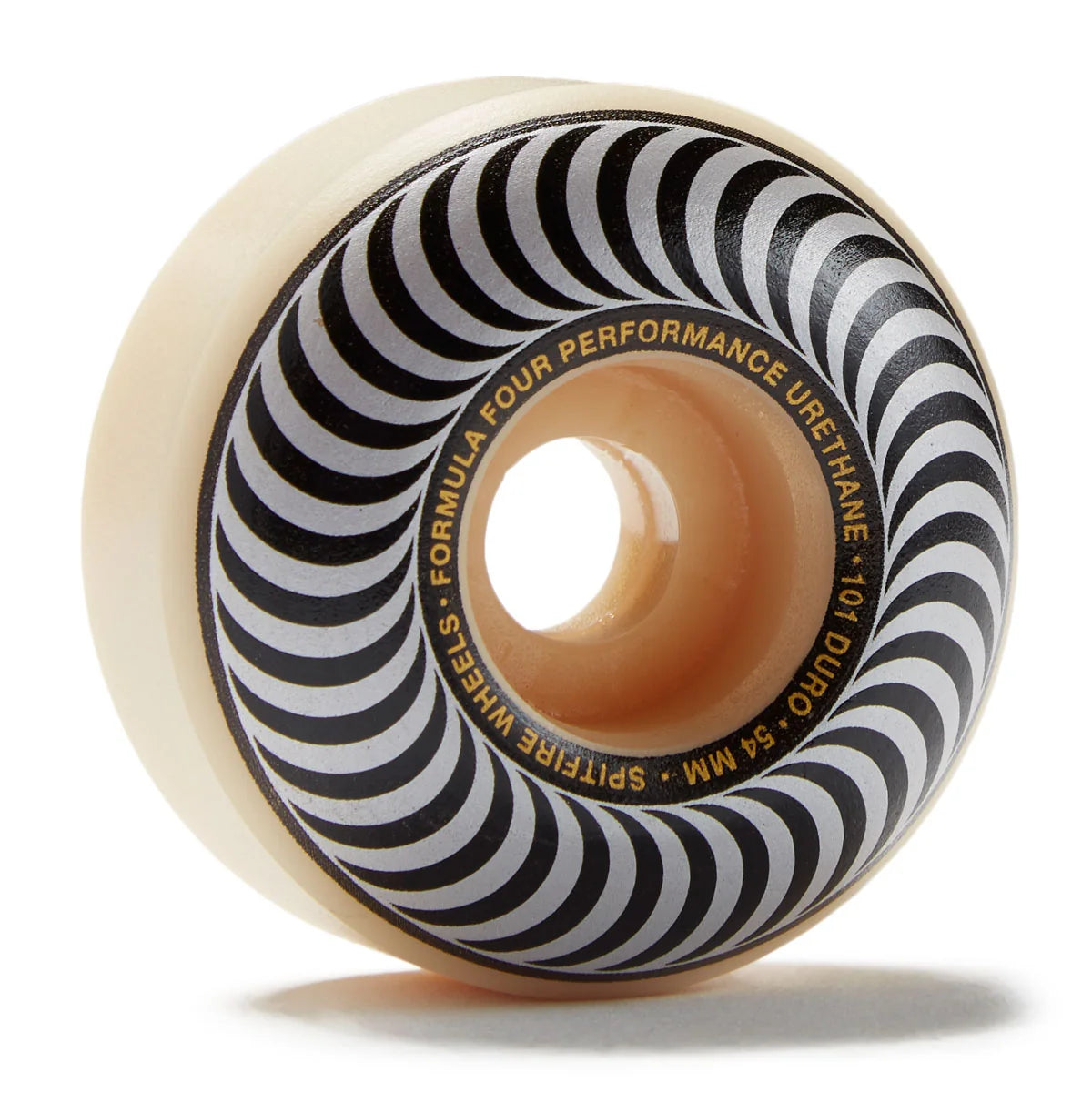 Skateboard wheel with black and white striped pattern and beige center on a white background
