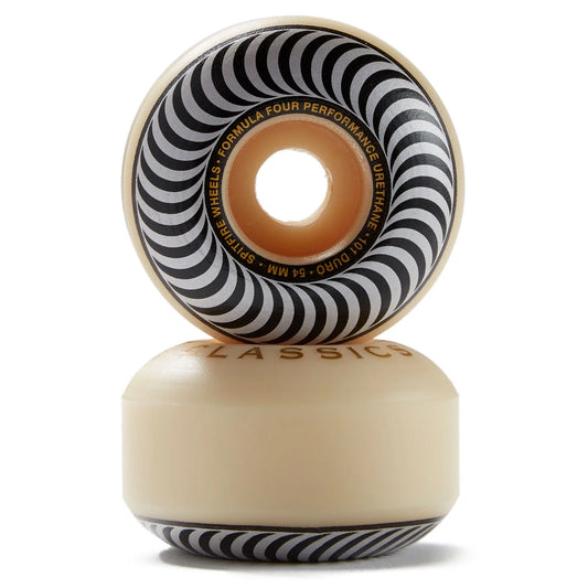 A set of two skateboard wheels stacked vertically on a white background. The top wheel is shown from the side, displaying a black and white spiral pattern with gold text that reads 'WHEELS - FORMULA FOUR PERFORMANCE DURABILITY - 101D - 54mm'.