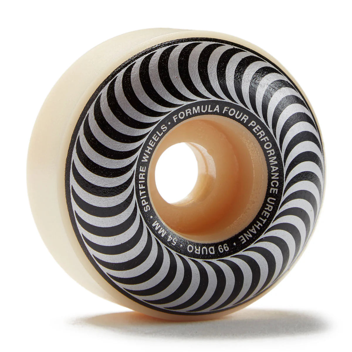 Spitfire Formula Four skateboard wheel with black and white striped design on a white background