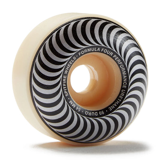 Spitfire Formula Four skateboard wheel with black and white striped design on a white background
