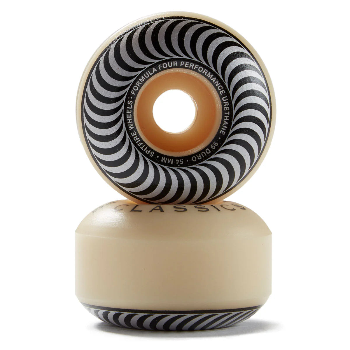 A pair of skateboard wheels stacked vertically on a white background. The top wheel is shown from the side, displaying a black and white spiral pattern with beige edges and text detailing the brand and specifications.
