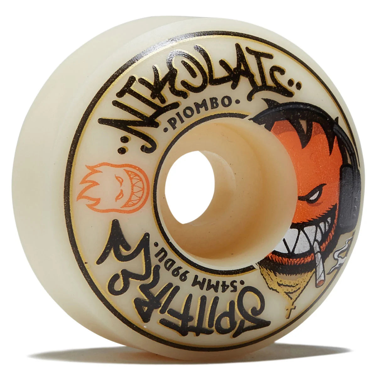 A single skateboard wheel with a cream-colored urethane body, featuring black and orange graphics. The brand 'spitfire' is visible via its signature flame logo on the left side of the wheel, and the model is 'Piombo'.