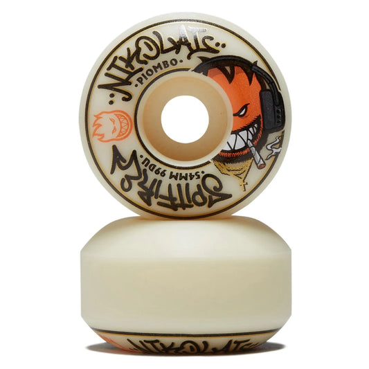 Skateboard wheel with brand logos and graphics on a white background