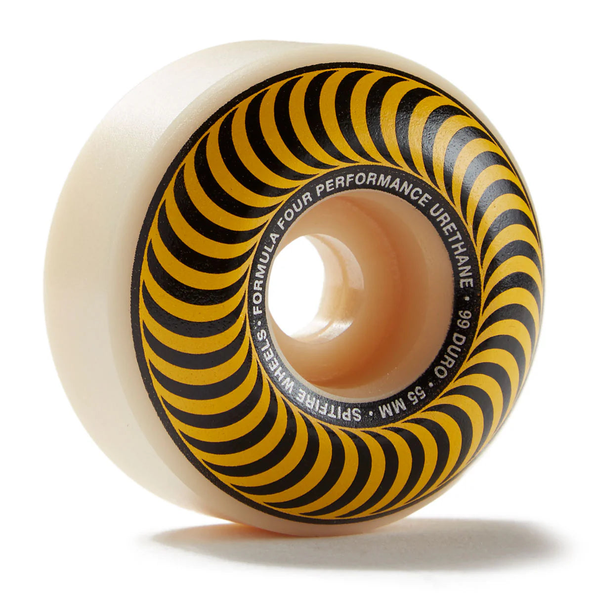 Skateboard wheel with yellow and black striped design on a white background