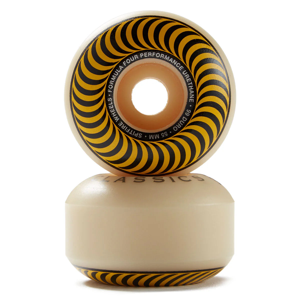A pair of Spitzer Wheels skateboard wheels stacked vertically on a white background. The wheels have a translucent cream-colored urethane body with a bold black and yellow spiral pattern on the inner barrel.