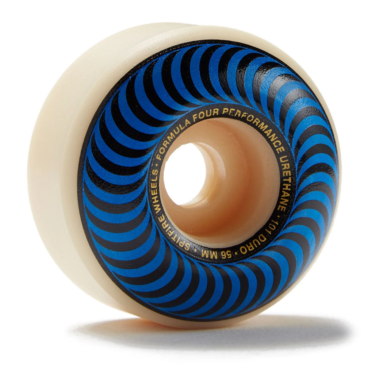 Skateboard wheel with blue and black pattern on a white background