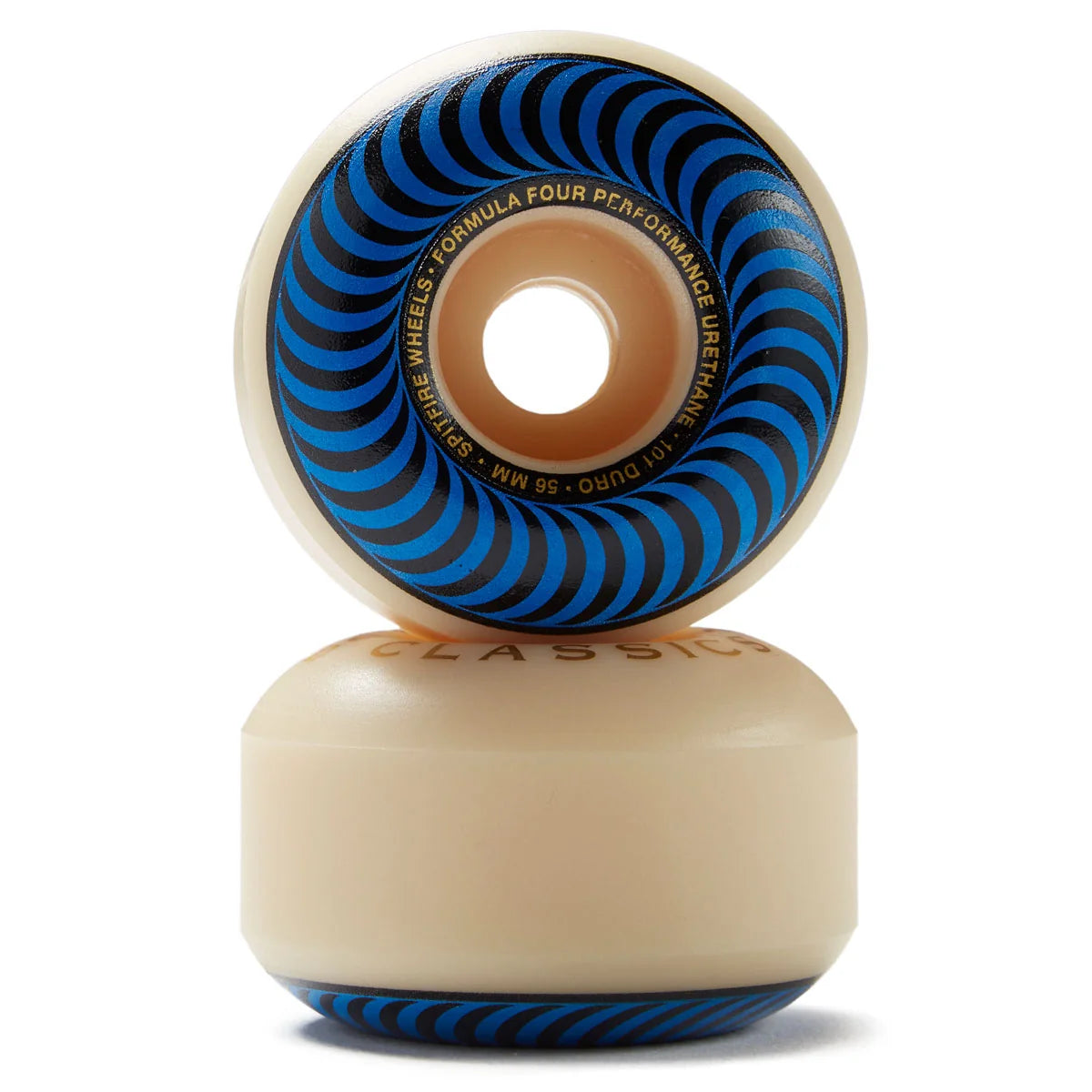 A pair of classic skateboard wheels stacked vertically on a white background. The wheels have a cream-colored urethane body with a blue and black spiral pattern visible on the inner side.