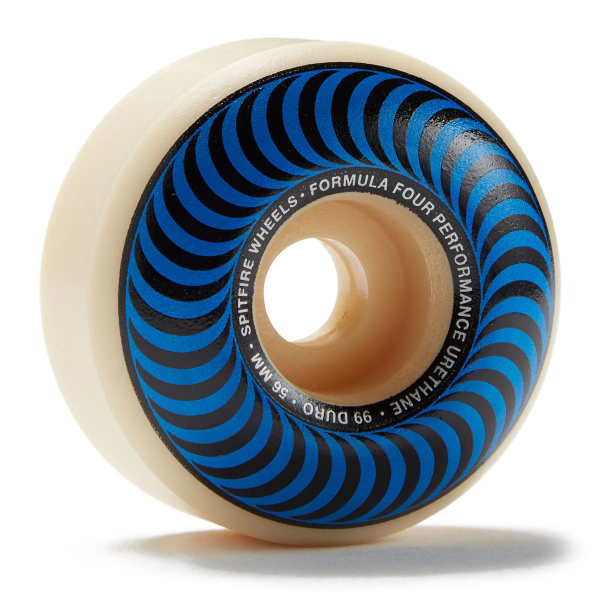 Skateboard wheel with blue and black spiral pattern on a white background