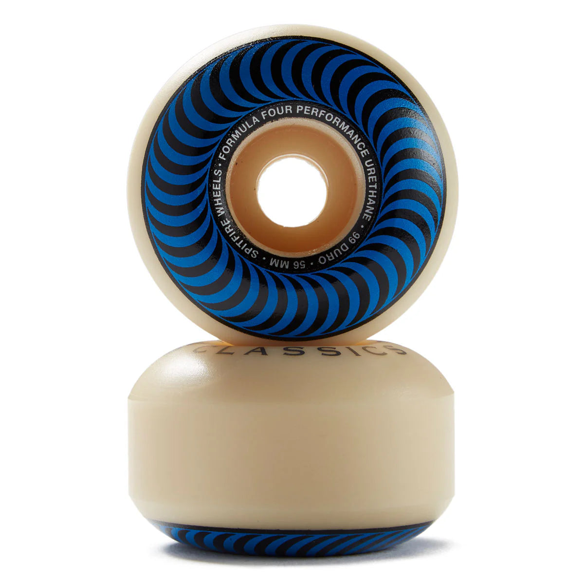 Two skateboard wheels with blue and black pattern on a white background