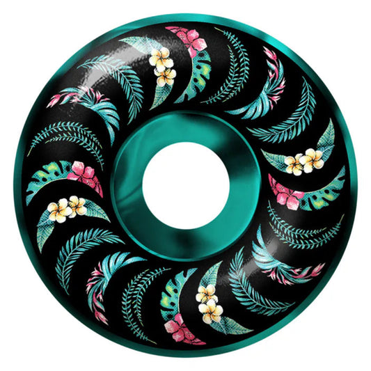 Decorative wheel with floral and feather pattern on a white background