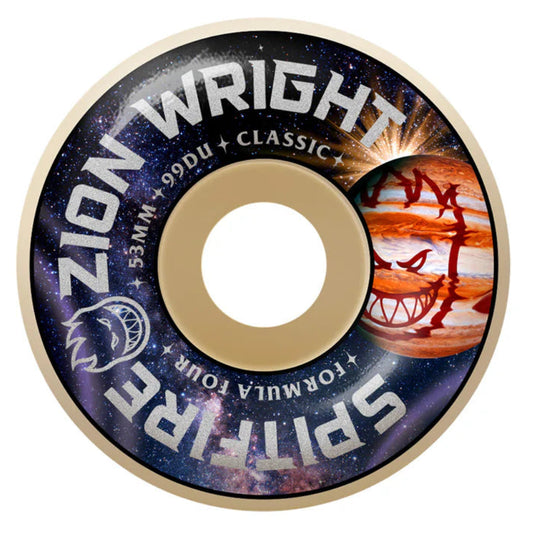 Skateboard wheel with Zion Wright branding on a white background