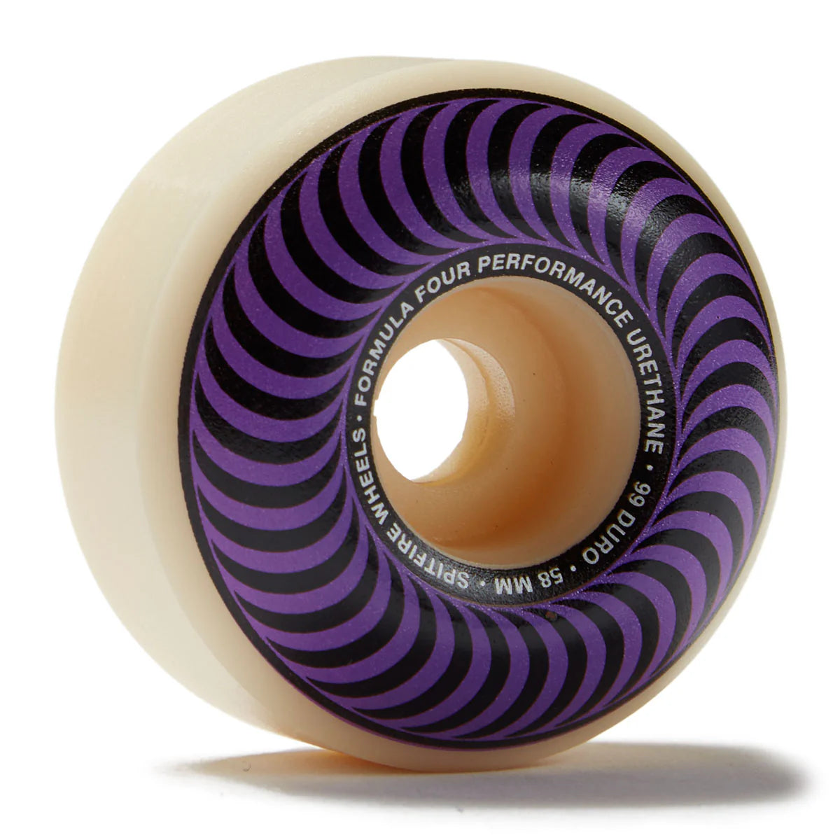 Skateboard wheel with purple and black pattern on a white background