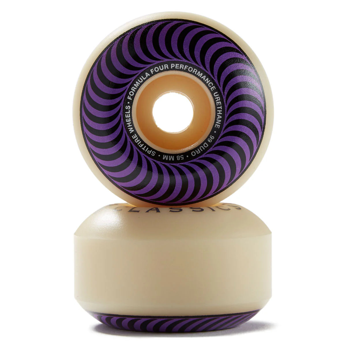 A classic four-performance skateboard wheel shown from the side, stacked on its base. The wheel features a purple and black spiral pattern on the inner barrel, a beige sidewall, and a tan center core.