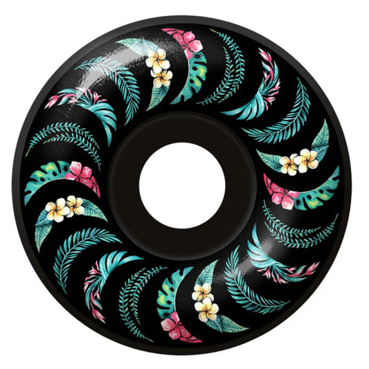 Skateboard wheel with tropical leaf pattern on a white background