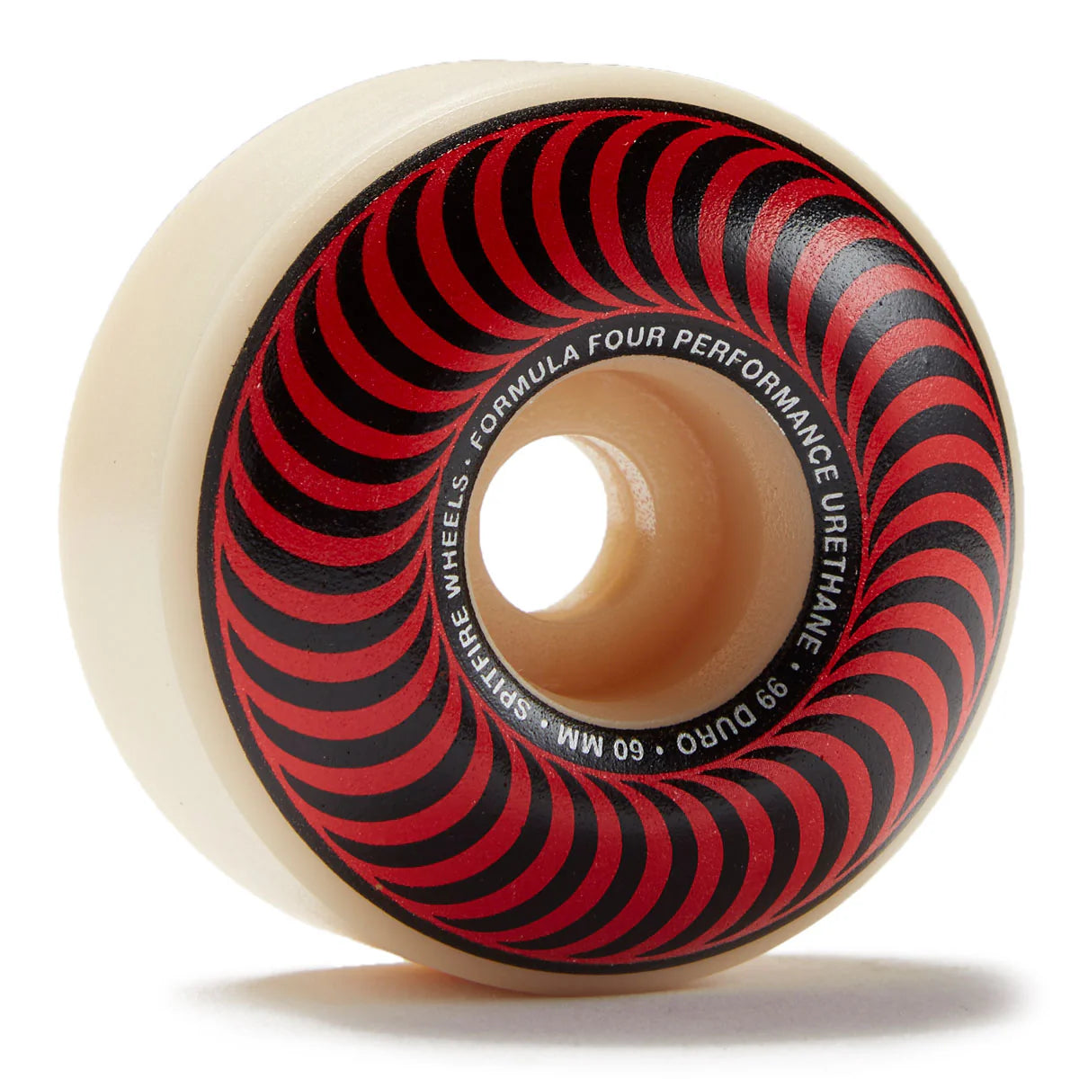 Skateboard wheel with red and black spiral pattern on a white background