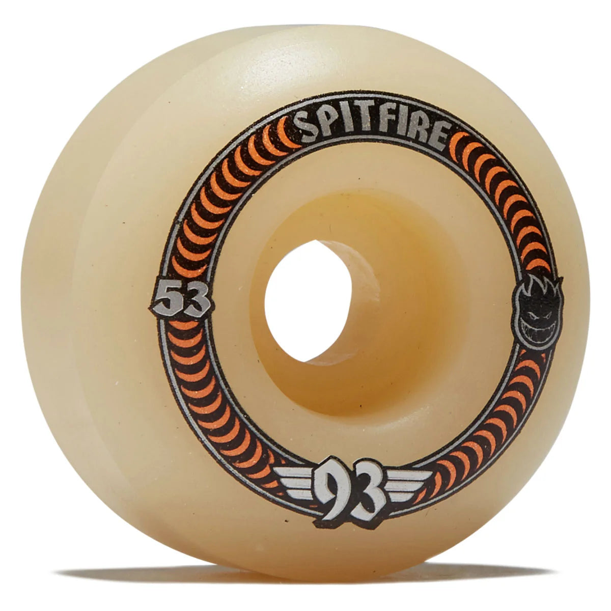 Spitfire skateboard wheel with orange and black design on a white background