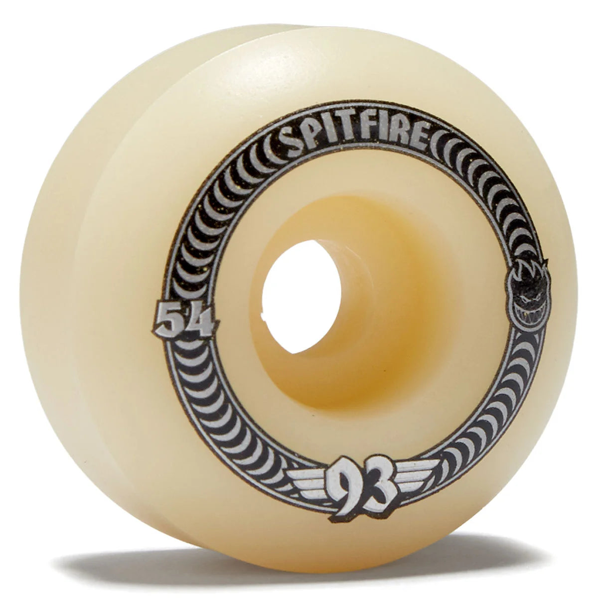 Spitfire skateboard wheel with beige rim and black text on a white background