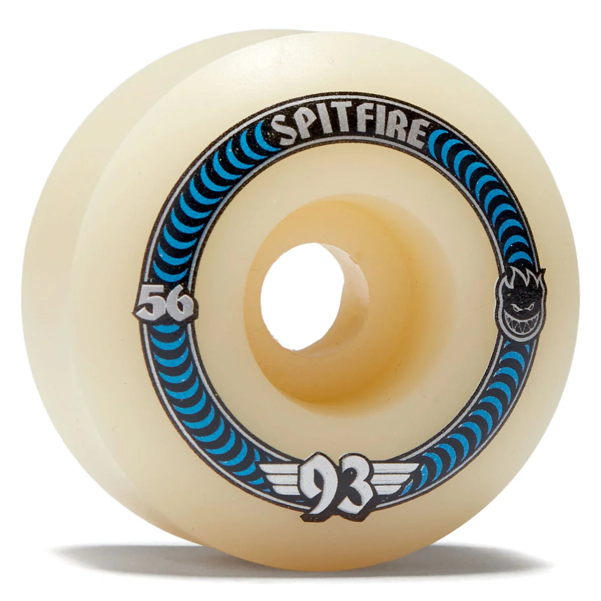 Spitfire skateboard wheel with blue and black logo on a white background