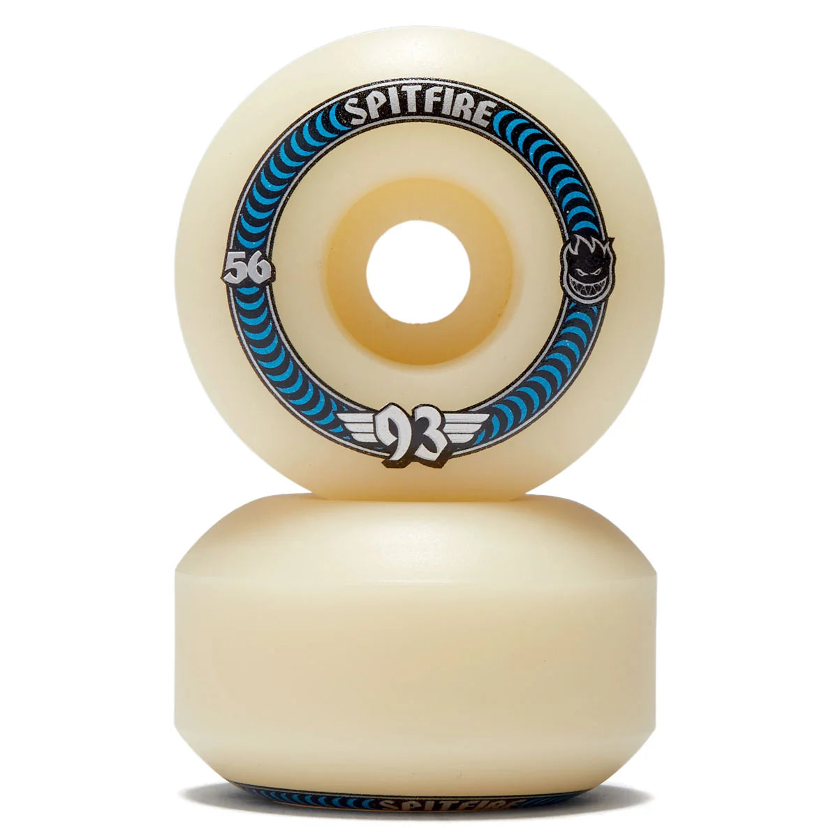 Spitfire skateboard wheels with blue and black design on a white background