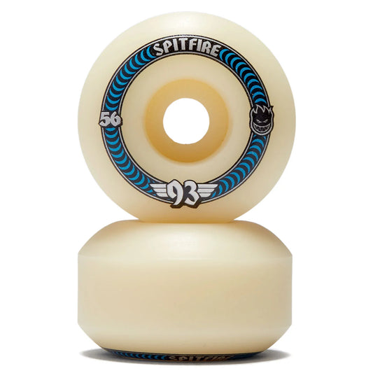 Spitfire skateboard wheels with blue and black design on a white background
