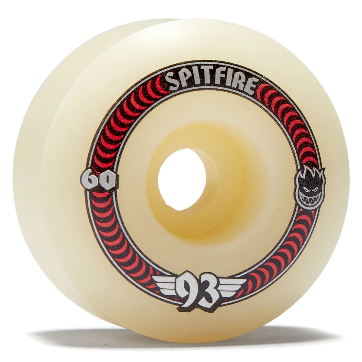 A single Spitfire skateboard wheel in a translucent cream color, featuring the red and black Spitfire logo with 'SPITFIRE', '60', and '93' printed on it, set against a plain white background.