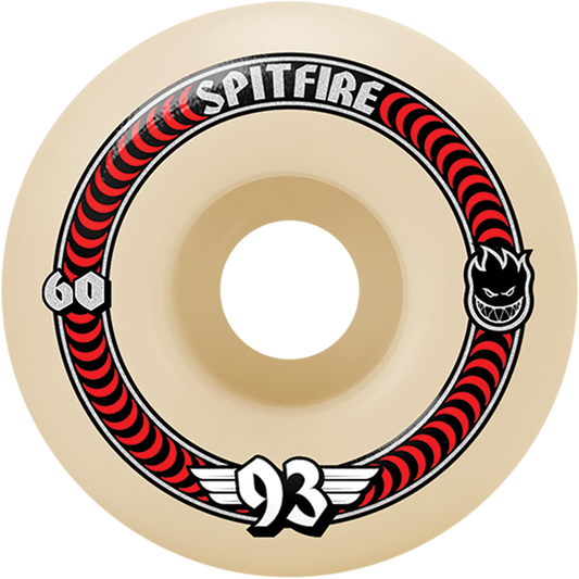 Spitfire skateboard wheel with red and black design on a beige background