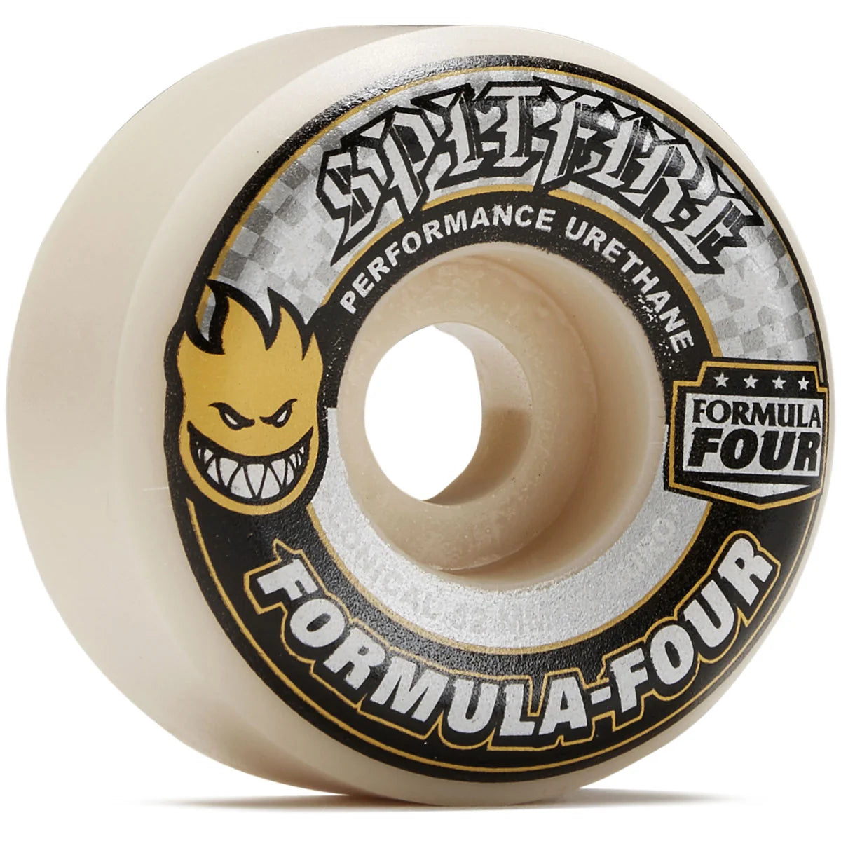 A single Spitfire Formula Four performance urethane skateboard wheel, showing the cream-colored urethane body and its black, white, and yellow graphic label.