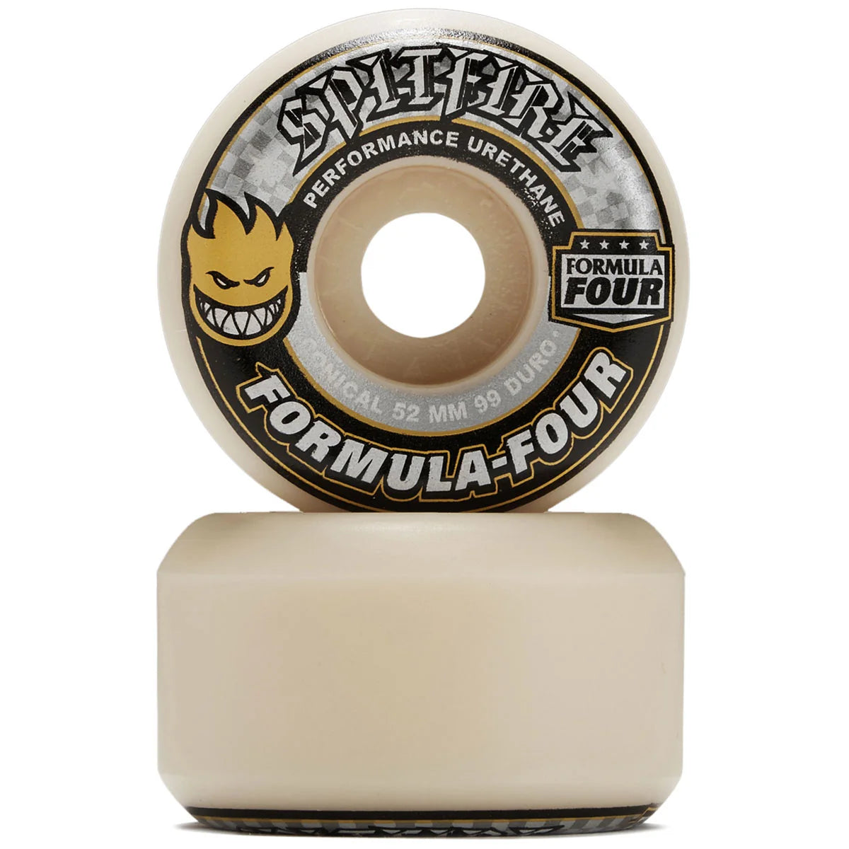 A single Spitfire Formula Four skateboard wheel shown upright with its underside resting on a matching beige block against a white background.