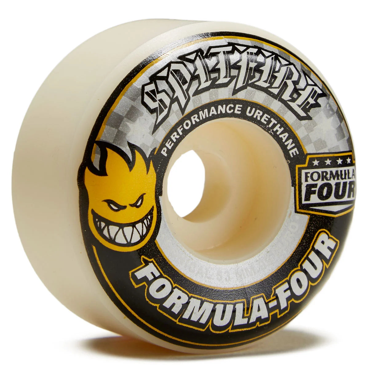 A single Spitfire Formula Four skateboard wheel made of translucent cream urethane, featuring the yellow and black Spitfire logo and 'FORMULA-FOUR' branding on the side.