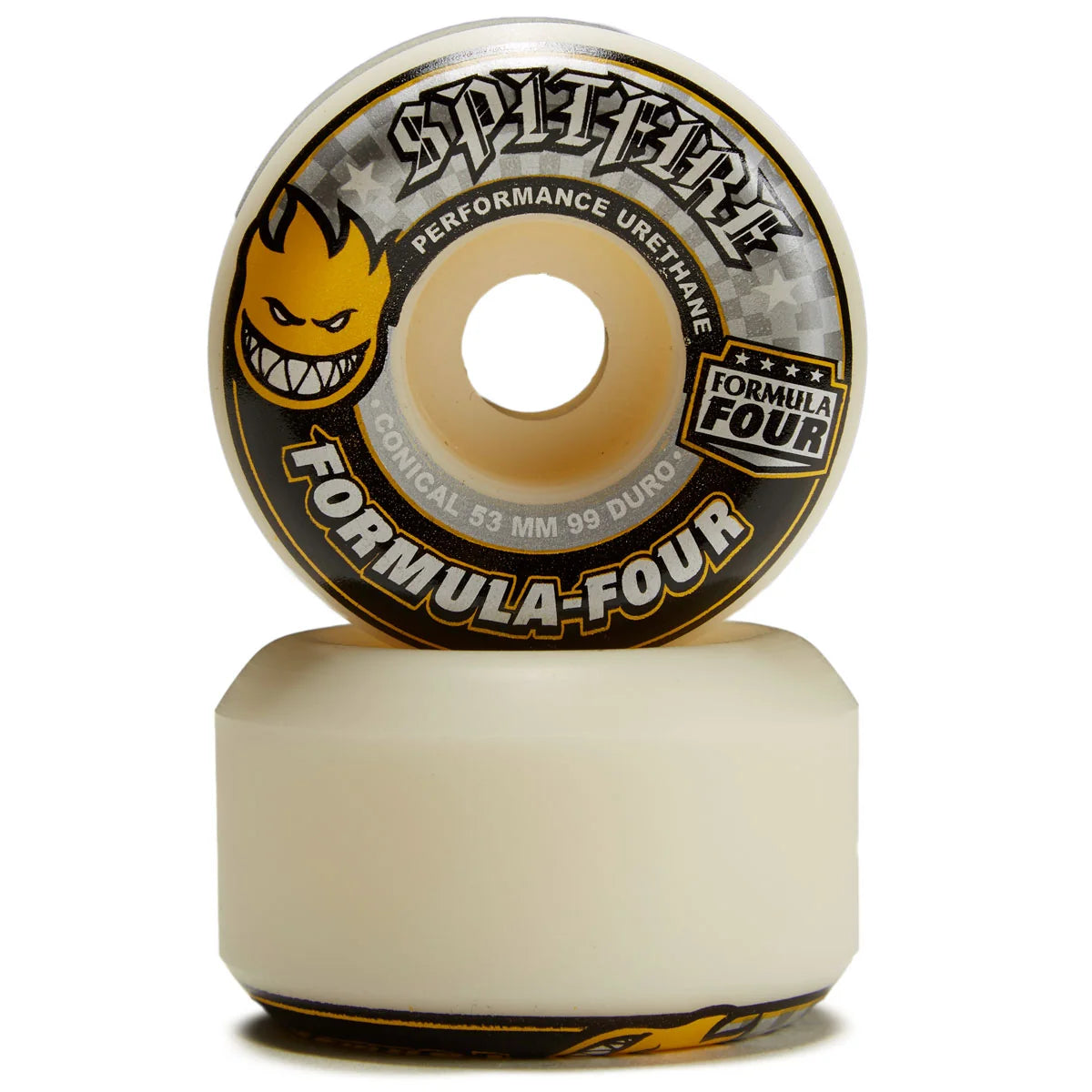 A conical skateboard wheel shown upright with its matching base visible below, on a clean white background. The wheel features the Spitfire logo and 'FORMULA-FOUR' branding with a yellow flame graphic and black, white, and gray graphics.