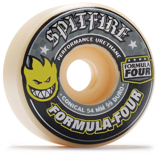 A Spitfire Formula Four skateboard wheel, featuring a translucent beige urethane body with a black and gray printed label. The label includes the Spitfire flame logo, 'SPITFIRE' branding, 'FORMULA FOUR' text, and 'PERFORMANCE URETHANE' details.