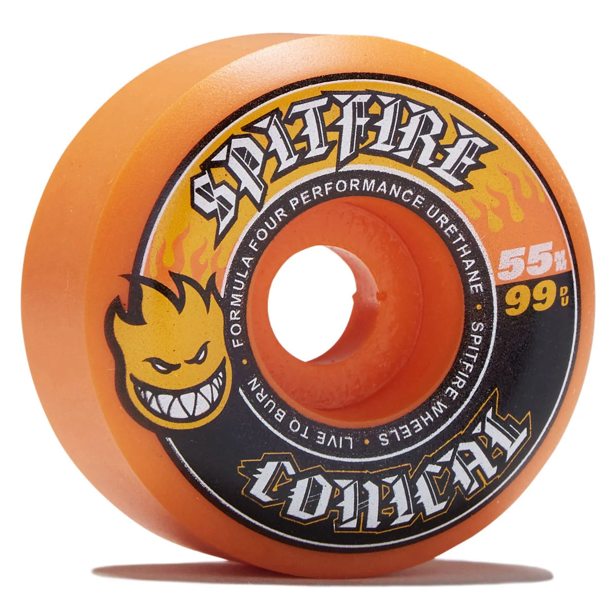 An orange Spitfire Conical skateboard wheel with a black and yellow label, featuring the Spitfire logo and '55mm 99du' text, on a white background.