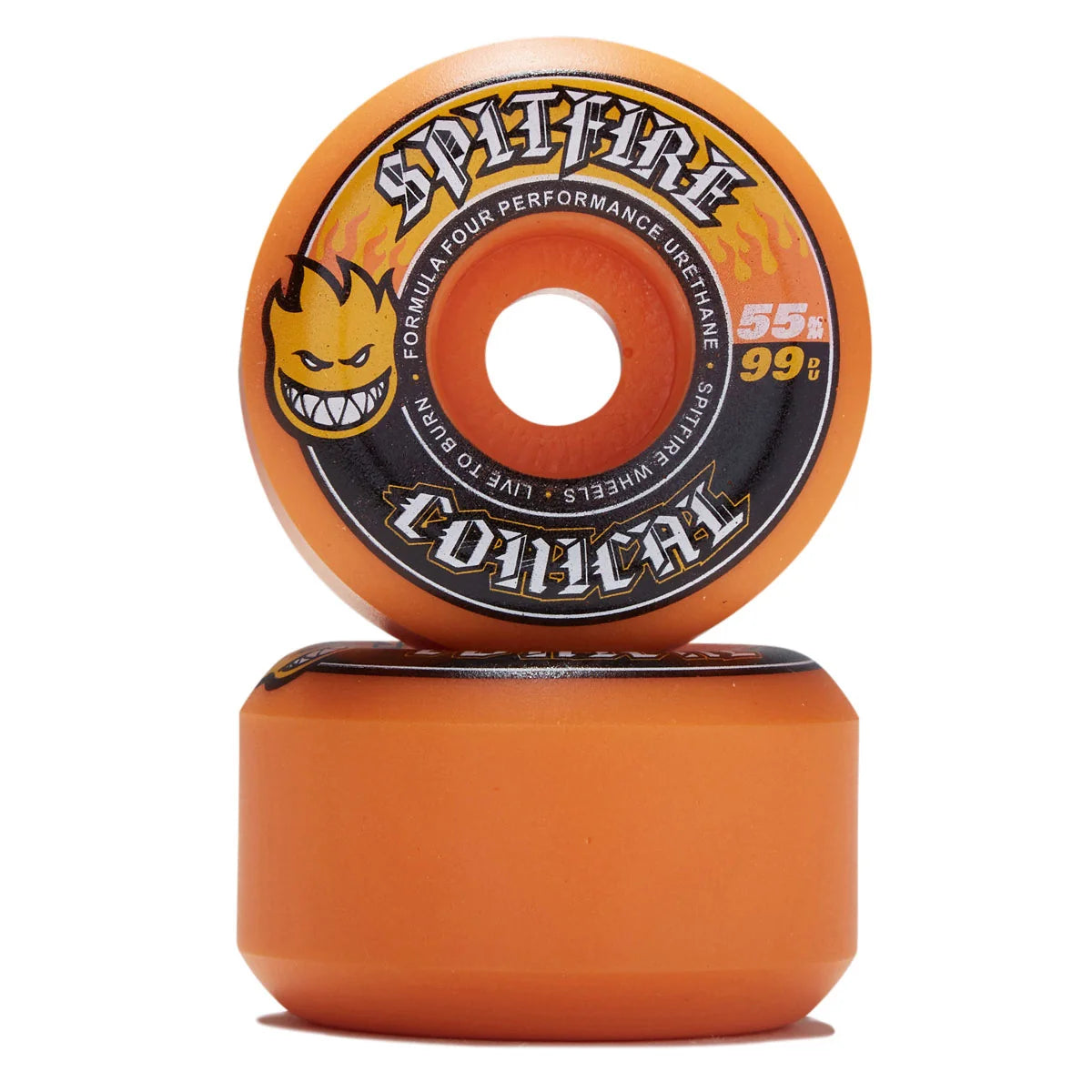A pair of orange Spitfire Conical skateboard wheels stacked vertically on a white background, with the top wheel showing the branded face graphic.