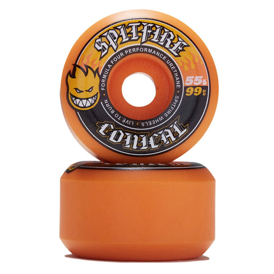 A pair of orange Spitfire Conical skateboard wheels stacked vertically on a white background, with the top wheel showing the branded face graphic.