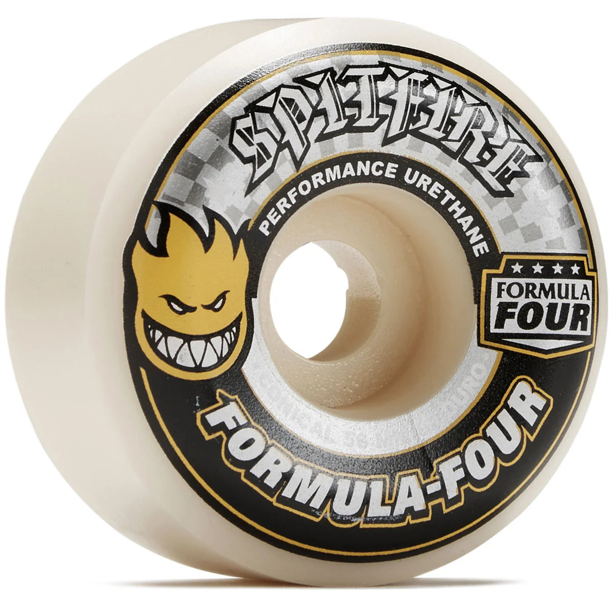 A single Spitfire Formula Four skateboard wheel made of cream urethane, featuring the Spitfire logo, a yellow flame head graphic, and black and gold text on a white background.
