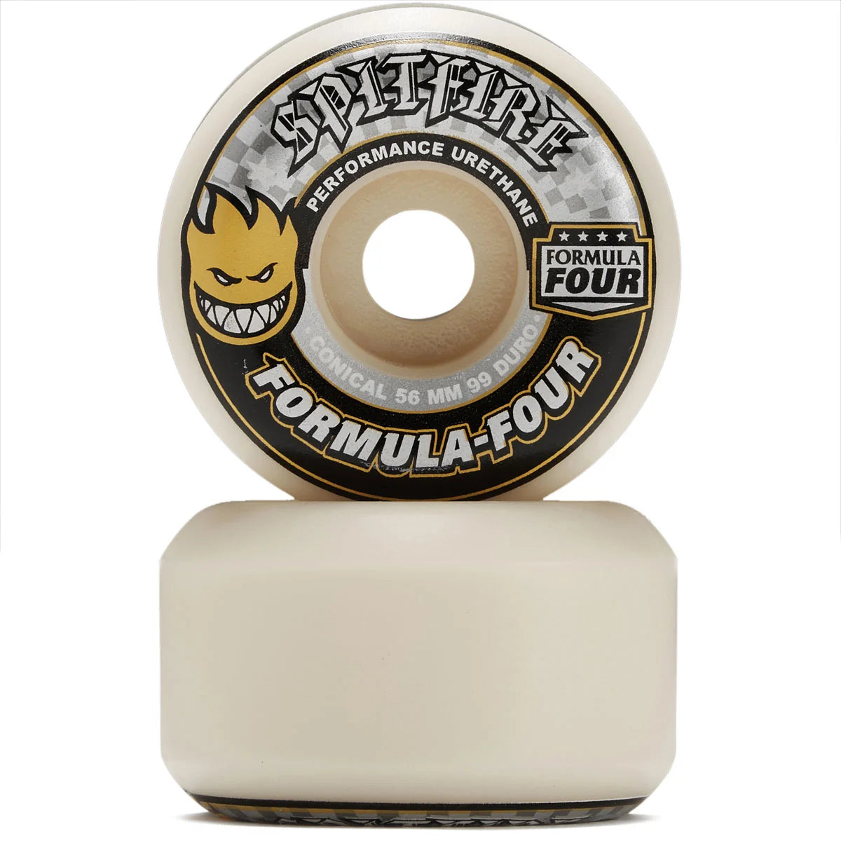 A pair of Spitfire Formula Four skateboard wheels stacked vertically on a white background, showing the cream urethane and the detailed black, gold, and white printed graphics on the wheel faces.
