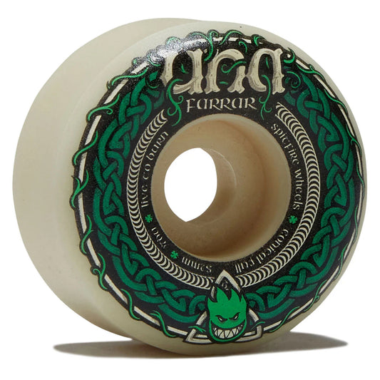 A single snowboard wheel with a cream-colored urethane body, featuring a black and green graphic design with Celtic knot patterns and the 'ana FARRAR' branding.