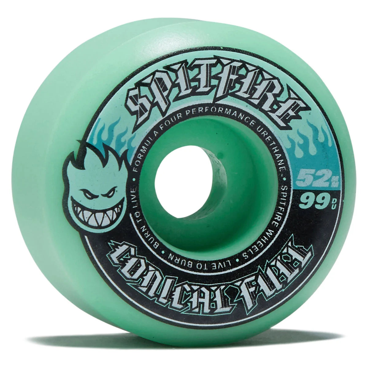 Spitfire skateboard wheel with green and black design on a white background