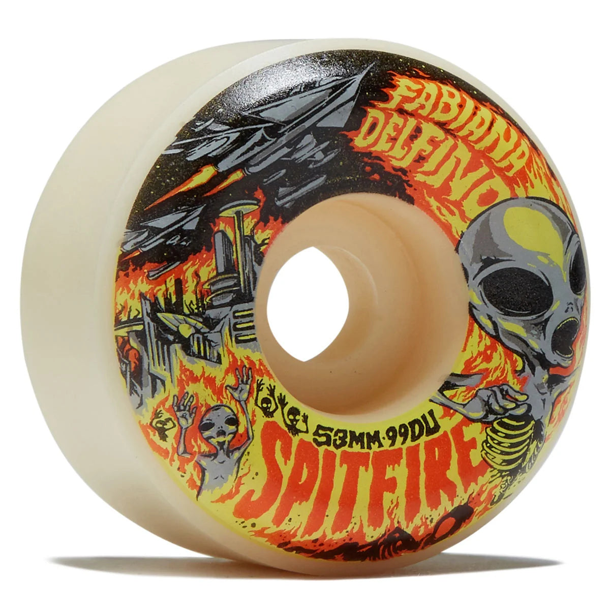 Spitfire skateboard wheel with colorful graphics on a white background