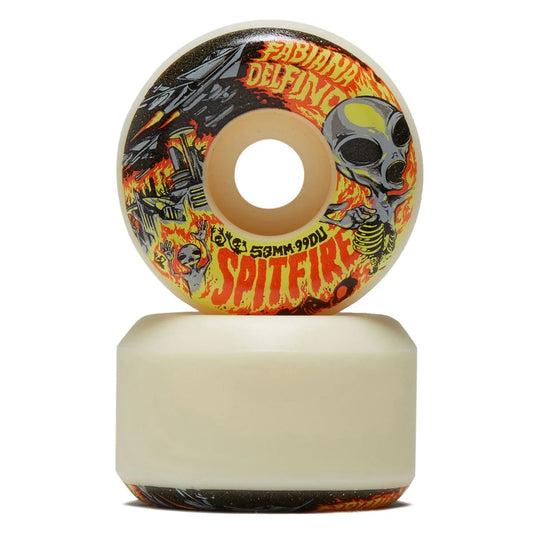 A skateboard wheel stacked on top of its cream-colored plastic borescope against a white background. The wheel features a graphic design with a skull, flames, and the text 'FABIAN delfino SPITFIRE' and '53MM 99DU'.