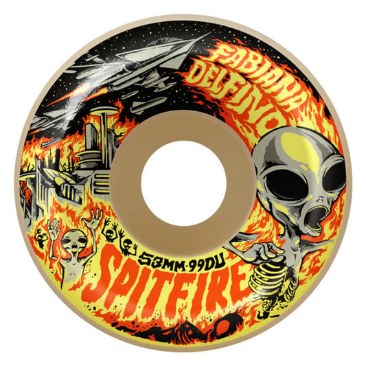 Skateboard wheel with fiery design and 'Spitfire' branding on a white background