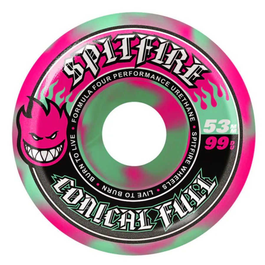 Spitfire skateboard wheel with pink and green design on a white background